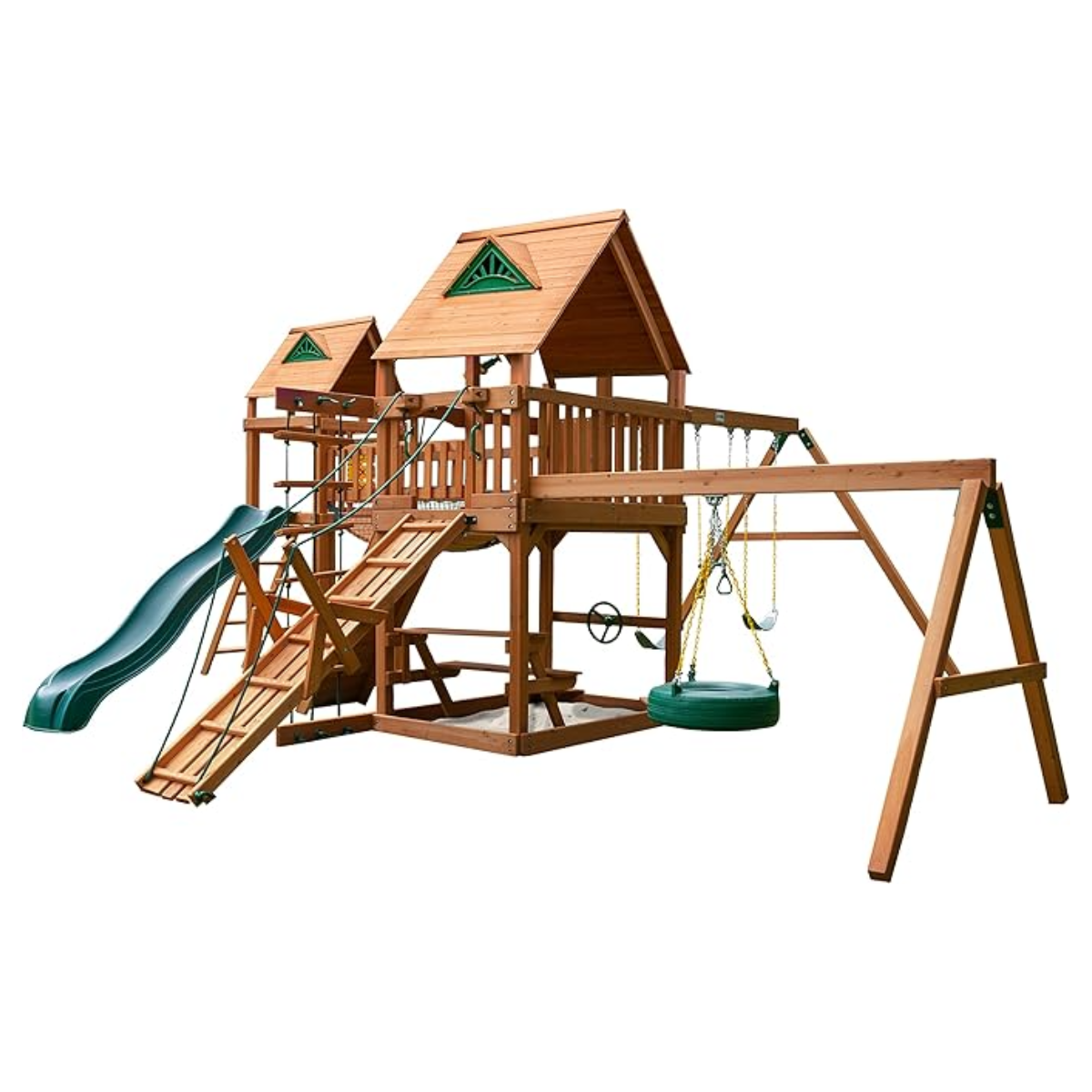 pop-product-25-image-1.png Gorilla Playsets Pioneer Peak Treehouse Wooden Swing Set with Tire Swing, and Clatter Bridge and Tower - Image 1