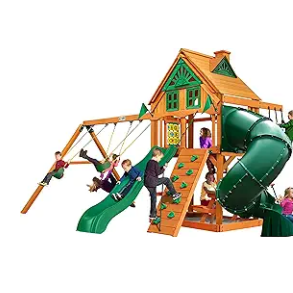 pop-product-26-image-1.png Gorilla Playsets Mountaineer Treehouse Wooden Swing Set with Tube Slide, Rope Ladder, and Sandbox - Image 1