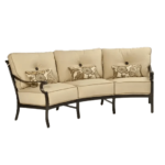 Castelle Monterey Cushioned Crescent Sofa in Antique Dark Rum Finish with Chartres Malt Cushions and Esti Birch Pillows