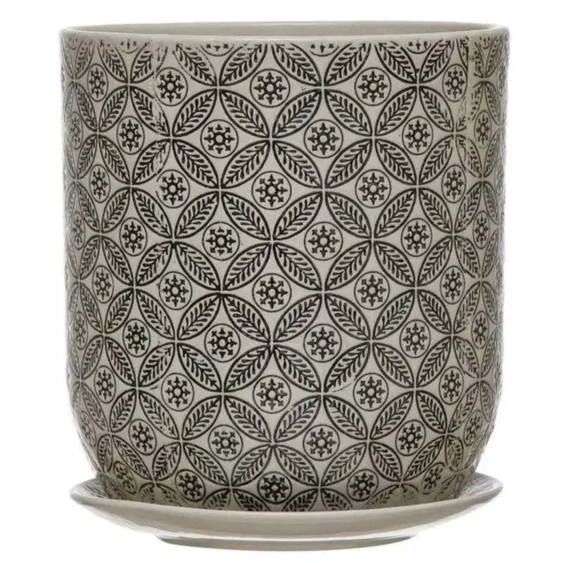 hand-stamped-stoneware-pot-saucer-with-embossed-pattern-pots-planters-55016664203541.jpg Hand-Stamped Stoneware Pot & Saucer with Embossed Pattern - Image 1