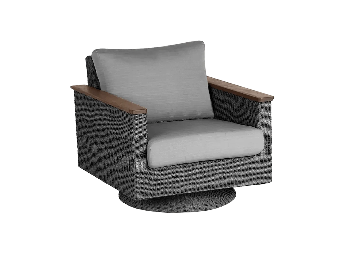 jensen-outdoor-swivel-lounge-chair-in-gray-weave-with-bodhi-char-fabric-1180643251.png Jensen Outdoor Swivel Rocker Lounge Chair in Gray Weave with Linen Silver Fabric - Image 1