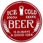 Red and White Enameled Round “Ice Cold Beer” Wall Sign