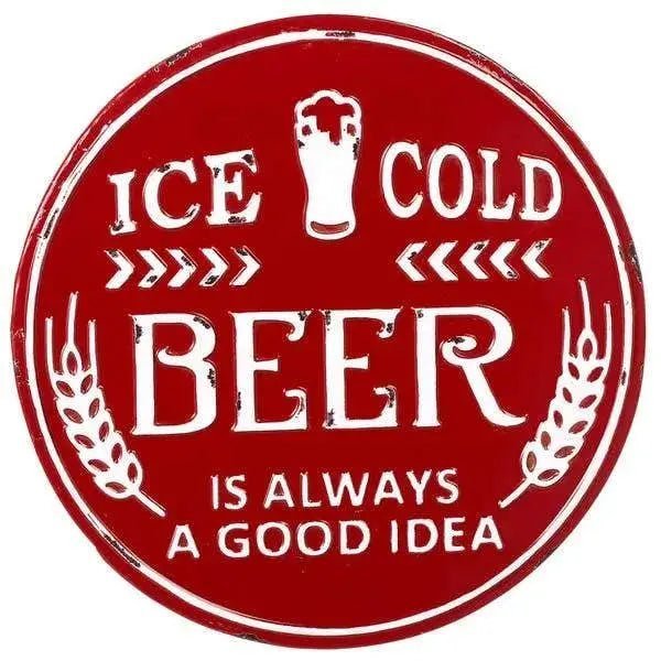 red-and-white-enameled-round-ice-cold-beer-wall-sign-decor-55020293980437.jpg Red and White Enameled Round “Ice Cold Beer” Wall Sign - Image 1